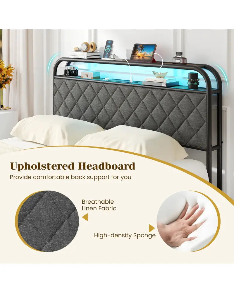 Twin/Full/Queen Size Bed Frame with LED Lights and Charging Station-Full Size - Black - Simple Bed Frame