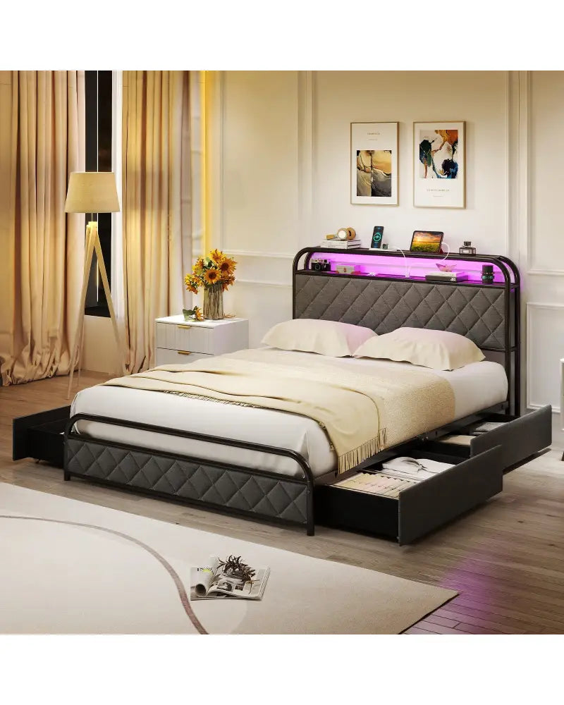 Twin/Full/Queen Size Bed Frame with LED Lights and Charging Station-Full Size - Black - Simple Bed Frame
