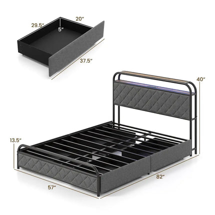 Twin/Full/Queen Size Bed Frame with LED Lights and Charging Station-Full Size - Black - Simple Bed Frame