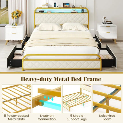 Twin/Full/Queen Size Bed Frame with LED Lights and Charging Station Gold-Queen Size - Golden - Simple Bed Frame