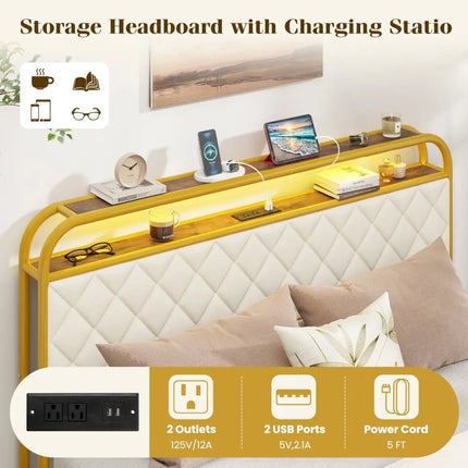 Twin/Full/Queen Size Bed Frame with LED Lights and Charging Station Gold-Queen Size - Golden - Simple Bed Frame