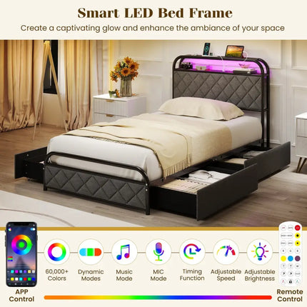Twin/Full/Queen Size Bed Frame with LED Lights and Charging Station-Twin Size - Black - Simple Bed Frame