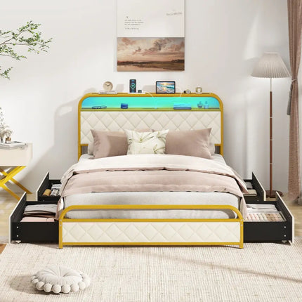 Twin/Full/Queen Size Bed Frame with LED Lights and Charging Station Gold-Full Size - Golden - Simple Bed Frame