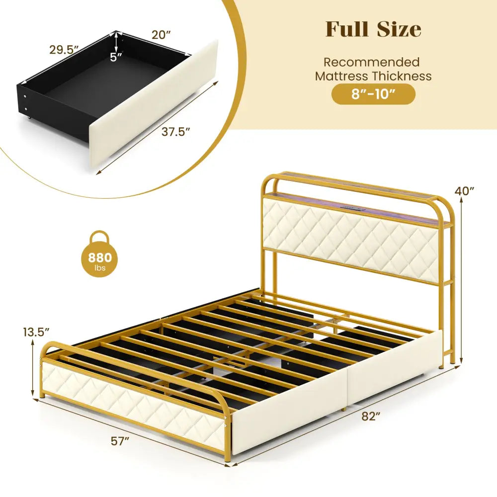 Twin/Full/Queen Size Bed Frame with LED Lights and Charging Station Gold-Full Size - Golden - Simple Bed Frame