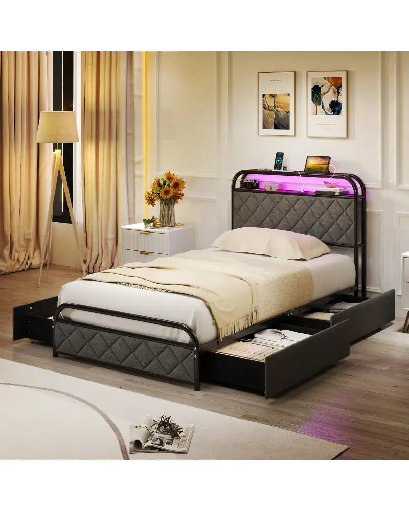 Twin/Full/Queen Size Bed Frame with LED Lights and Charging Station-Twin Size - Black - Simple Bed Frame