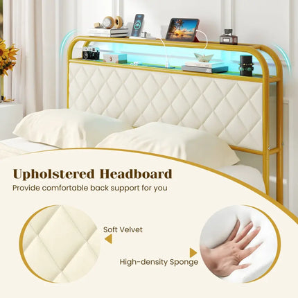 Twin/Full/Queen Size Bed Frame with LED Lights and Charging Station Gold-Full Size - Golden - Simple Bed Frame