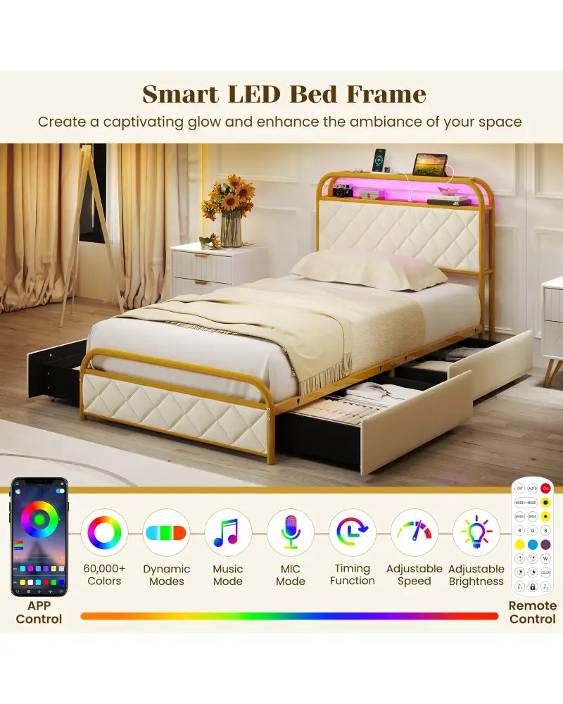 Twin/Full/Queen Size Bed Frame with LED Lights and Charging Station Gold-Twin Size - Golden - Simple Bed Frame