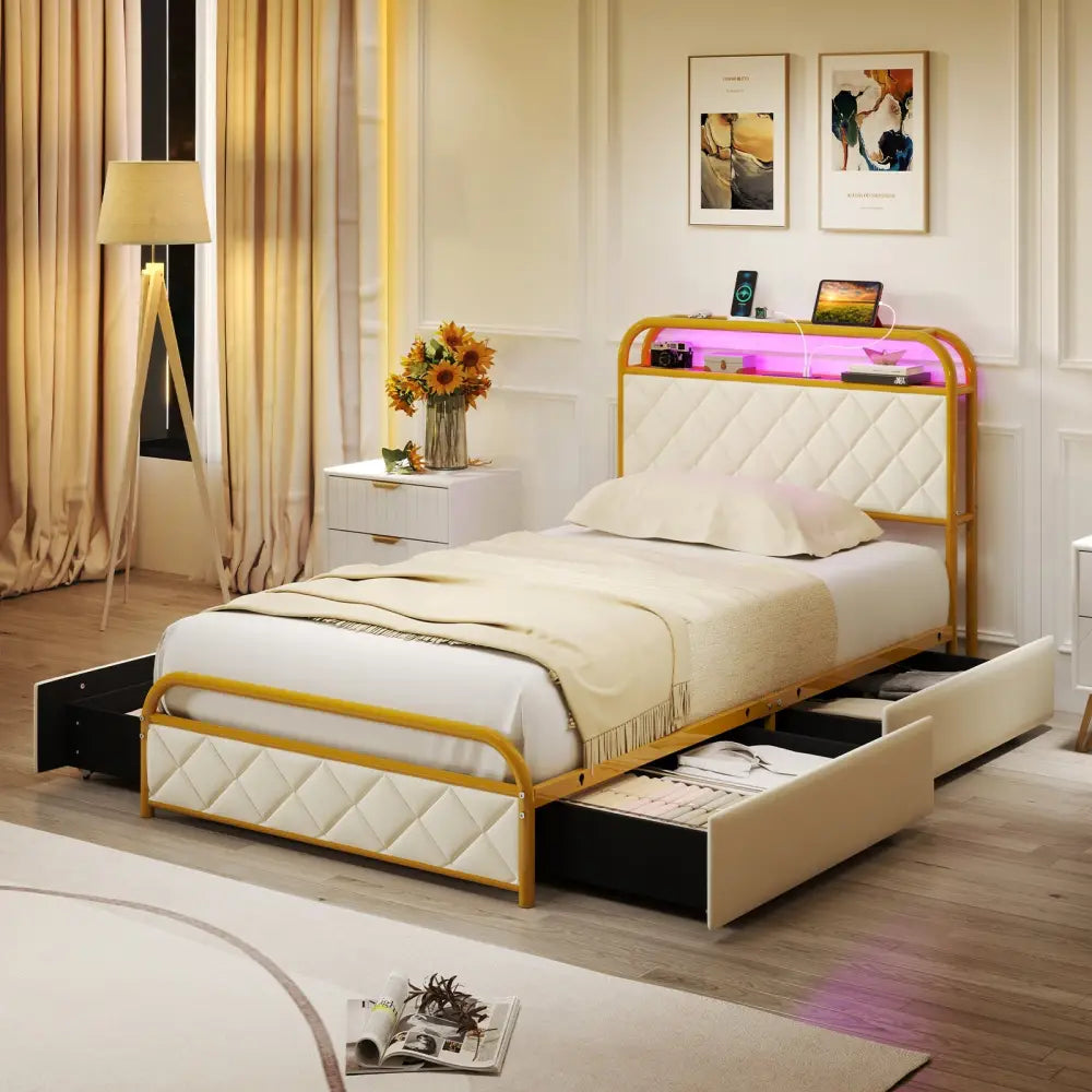 Twin/Full/Queen Size Bed Frame with LED Lights and Charging Station Gold-Twin Size - Golden - Simple Bed Frame