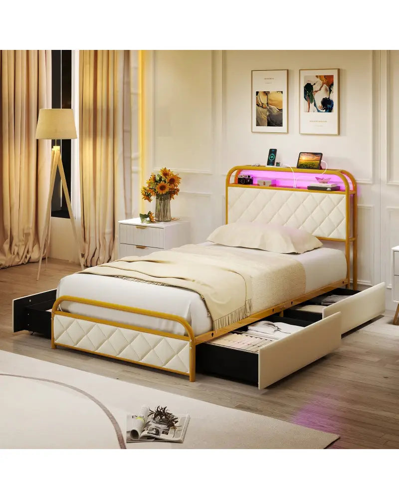 Twin/Full/Queen Size Bed Frame with LED Lights and Charging Station Gold-Twin Size - Golden - Simple Bed Frame
