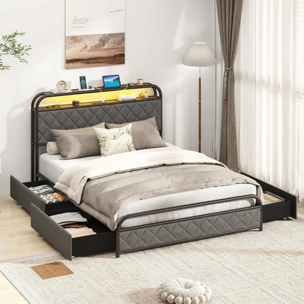 Twin/Full/Queen Size Bed Frame with LED Lights and Charging Station-Full Size - Black - Simple Bed Frame