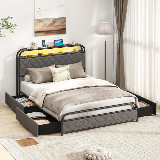 Twin/Full/Queen Size Bed Frame with LED Lights and Charging Station-Full Size - Black - Simple Bed Frame