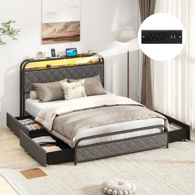 Twin/Full/Queen Size Bed Frame with LED Lights and Charging Station-Full Size - Black - Simple Bed Frame