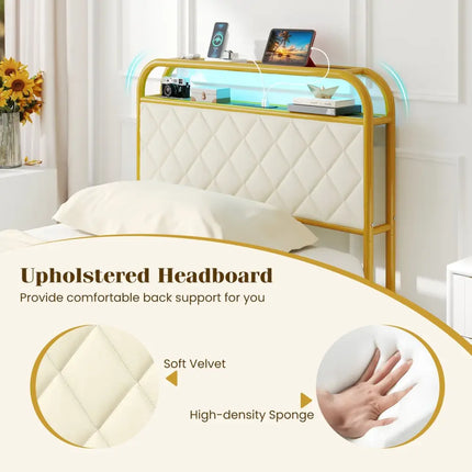 Twin/Full/Queen Size Bed Frame with LED Lights and Charging Station Gold-Twin Size - Golden - Simple Bed Frame