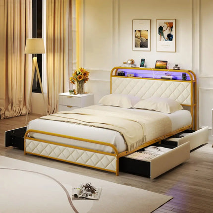 Twin/Full/Queen Size Bed Frame with LED Lights and Charging Station Gold-Full Size - Golden - Simple Bed Frame