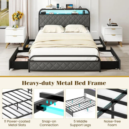 Twin/Full/Queen Size Bed Frame with LED Lights and Charging Station-Full Size - Black - Simple Bed Frame