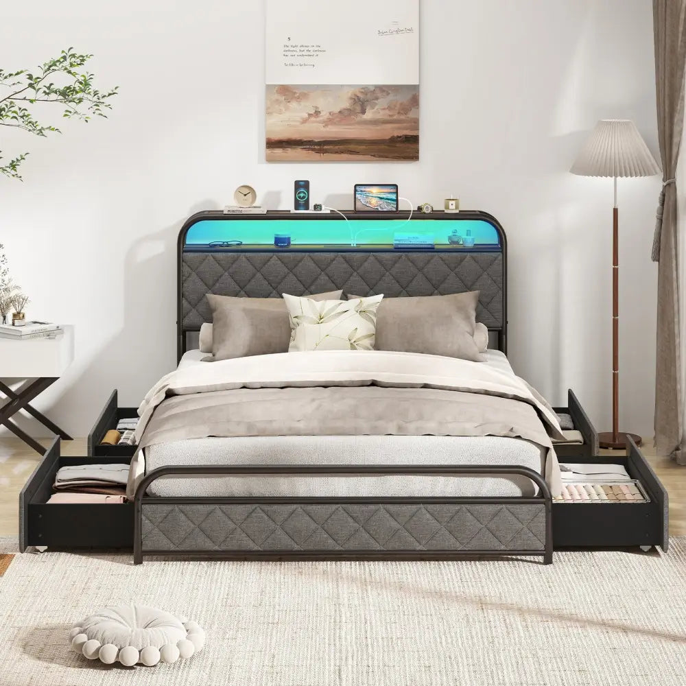 Twin/Full/Queen Size Bed Frame with LED Lights and Charging Station-Full Size - Black - Simple Bed Frame