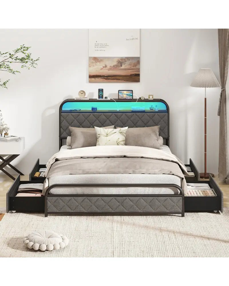 Twin/Full/Queen Size Bed Frame with LED Lights and Charging Station-Full Size - Black - Simple Bed Frame