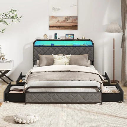 Twin/Full/Queen Size Bed Frame with LED Lights and Charging Station-Full Size - Black - Simple Bed Frame