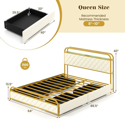 Twin/Full/Queen Size Bed Frame with LED Lights and Charging Station Gold-Queen Size - Golden - Simple Bed Frame