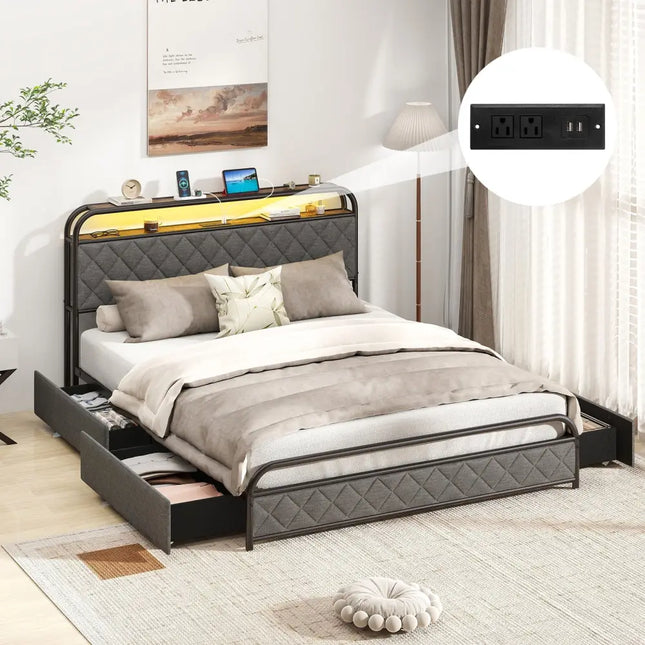 Twin/Full/Queen Size Bed Frame with LED Lights and Charging Station-Queen Size - Black - Simple Bed Frame