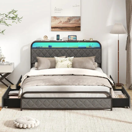 Twin/Full/Queen Size Bed Frame with LED Lights and Charging Station-Queen Size - Black - Simple Bed Frame