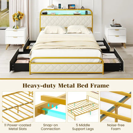 Twin/Full/Queen Size Bed Frame with LED Lights and Charging Station Gold-Full Size - Golden - Simple Bed Frame