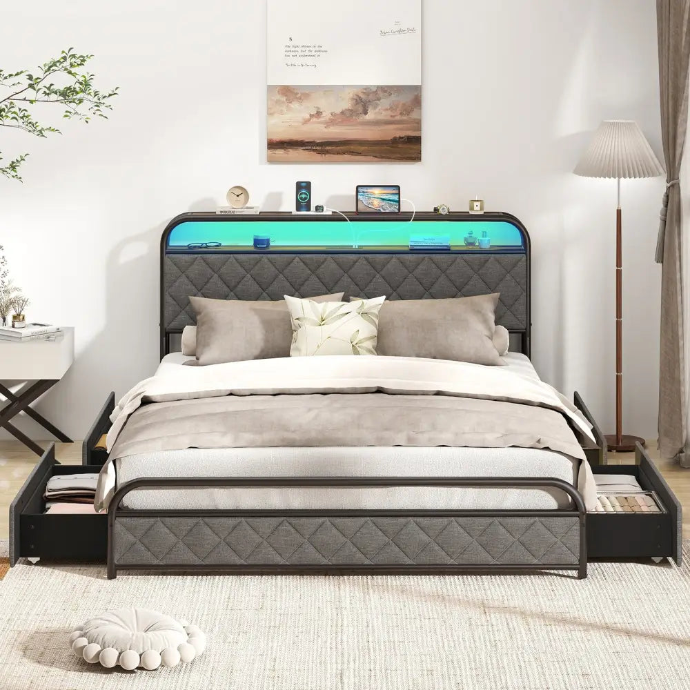Twin/Full/Queen Size Bed Frame with LED Lights and Charging Station-Queen Size - Black - Simple Bed Frame