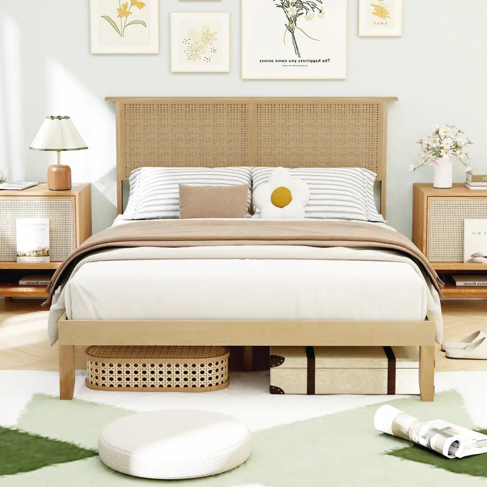 Twin/Full/Queen Size Bed Frame with Rattan Headboard-Full Size - Natural - Simple Bed Frame