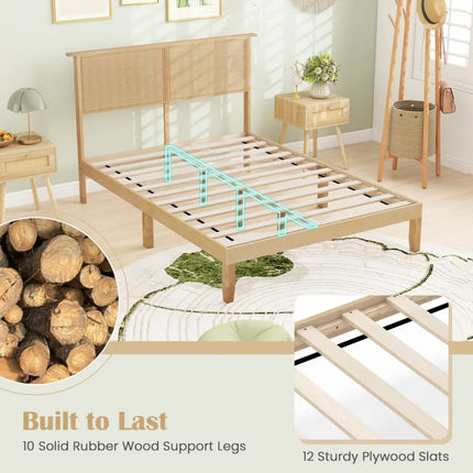Twin/Full/Queen Size Bed Frame with Rattan Headboard-Full Size - Natural - Simple Bed Frame