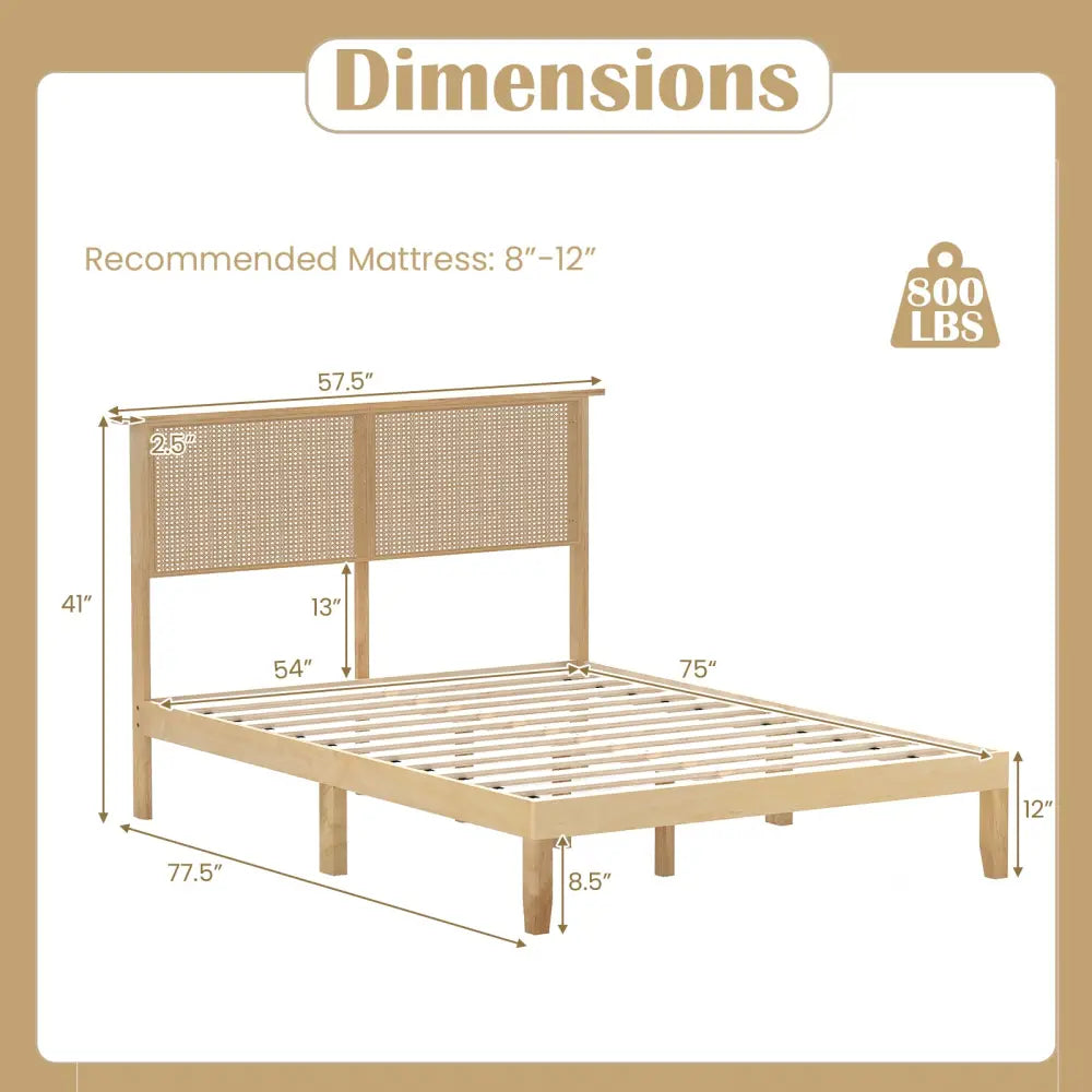 Twin/Full/Queen Size Bed Frame with Rattan Headboard-Full Size - Natural - Simple Bed Frame