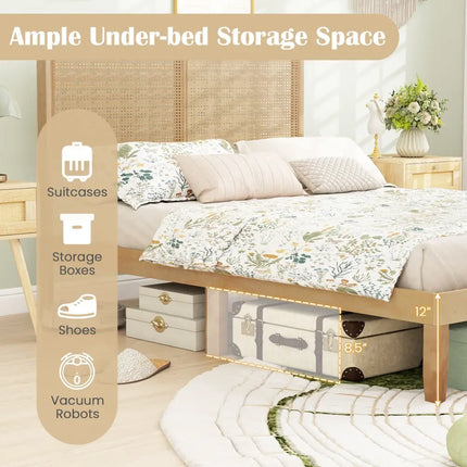 Twin/Full/Queen Size Bed Frame with Rattan Headboard-Full Size - Natural - Simple Bed Frame