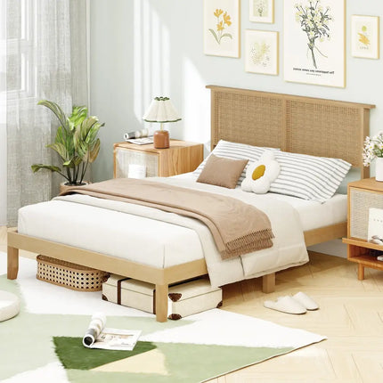 Twin/Full/Queen Size Bed Frame with Rattan Headboard-Full Size - Natural - Simple Bed Frame