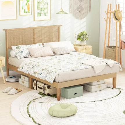 Twin/Full/Queen Size Bed Frame with Rattan Headboard-Full Size - Natural - Simple Bed Frame