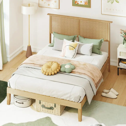 Twin/Full/Queen Size Bed Frame with Rattan Headboard-Full Size - Natural - Simple Bed Frame