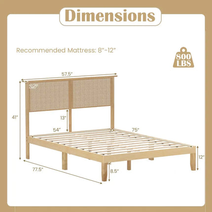 Twin/Full/Queen Size Bed Frame with Rattan Headboard-Full Size - Natural - Simple Bed Frame