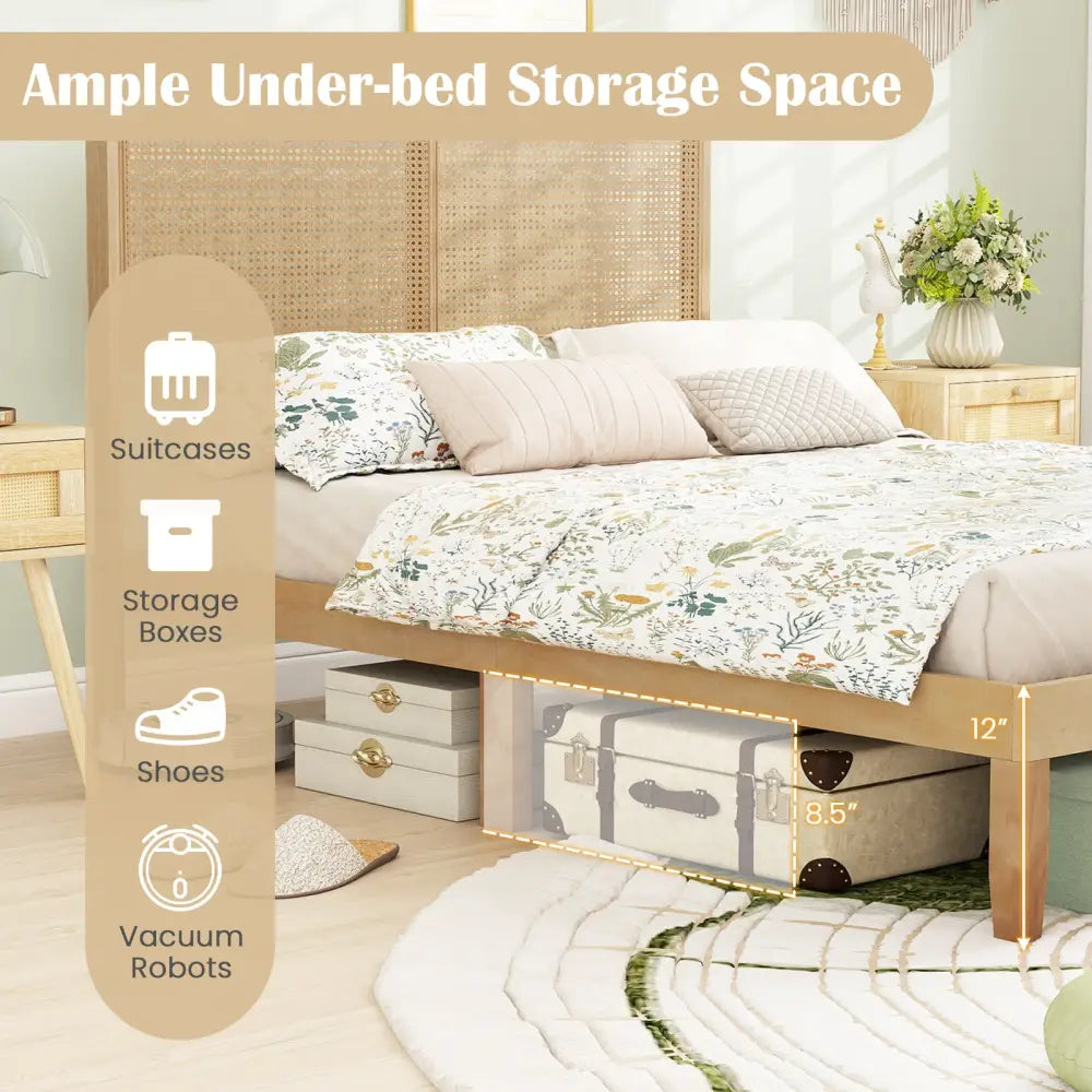 Twin/Full/Queen Size Bed Frame with Rattan Headboard-Full Size - Natural - Simple Bed Frame