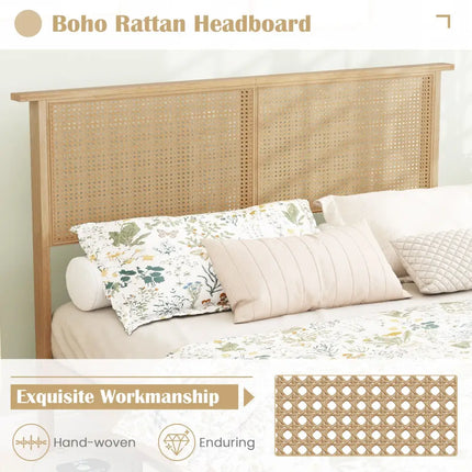 Twin/Full/Queen Size Bed Frame with Rattan Headboard-Full Size - Natural - Simple Bed Frame
