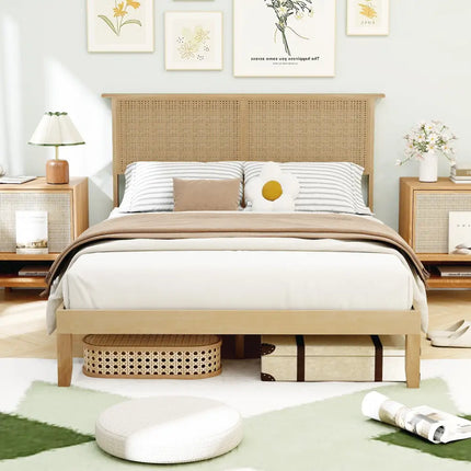 Twin/Full/Queen Size Bed Frame with Rattan Headboard-Full Size - Natural - Simple Bed Frame