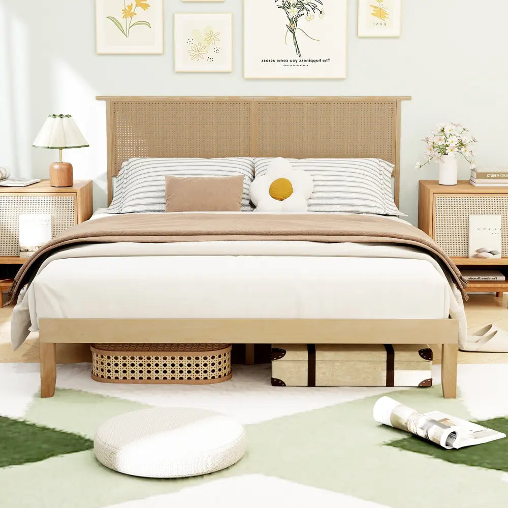 Twin/Full/Queen Size Bed Frame with Rattan Headboard-Queen Size - Natural - Simple Bed Frame