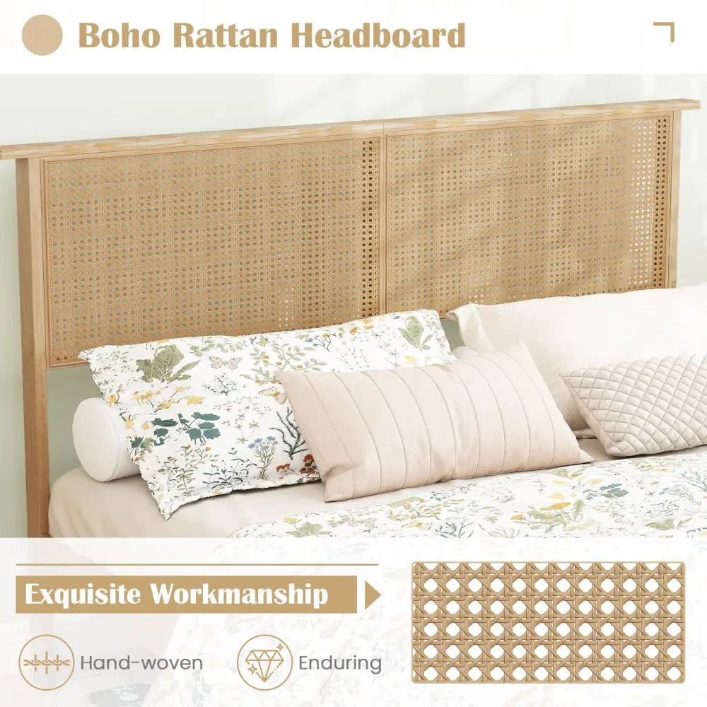 Twin/Full/Queen Size Bed Frame with Rattan Headboard-Queen Size - Natural - Simple Bed Frame