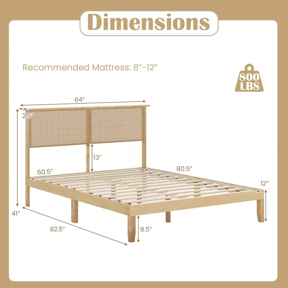 Twin/Full/Queen Size Bed Frame with Rattan Headboard-Queen Size - Natural - Simple Bed Frame