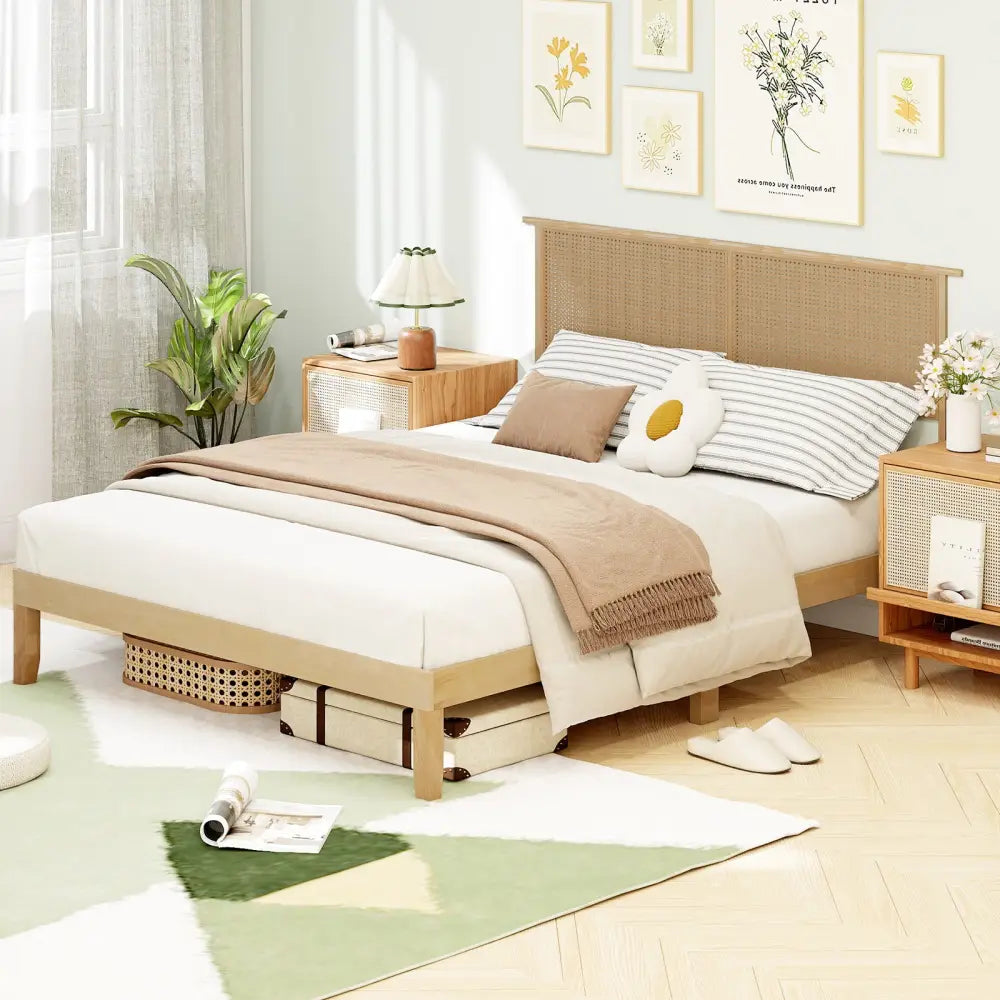 Twin/Full/Queen Size Bed Frame with Rattan Headboard-Queen Size - Natural - Simple Bed Frame