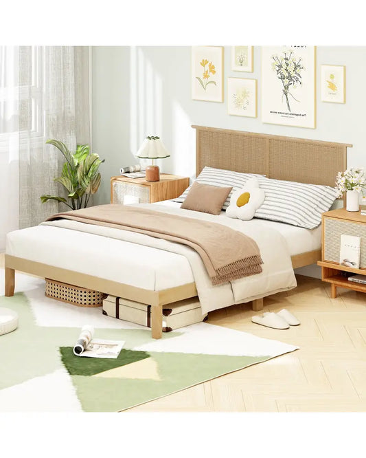 Twin/Full/Queen Size Bed Frame with Rattan Headboard-Queen Size - Natural - Simple Bed Frame