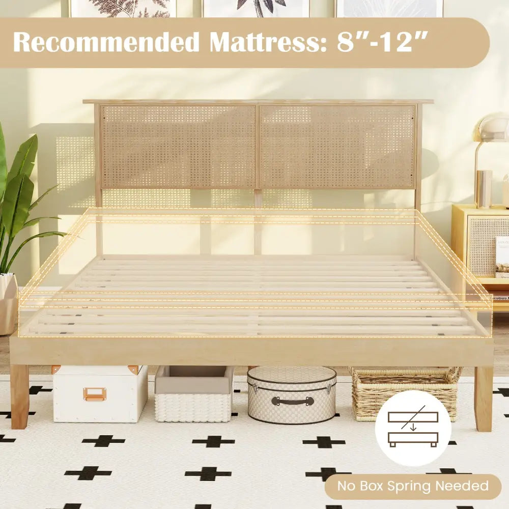Twin/Full/Queen Size Bed Frame with Rattan Headboard-Queen Size - Natural - Simple Bed Frame