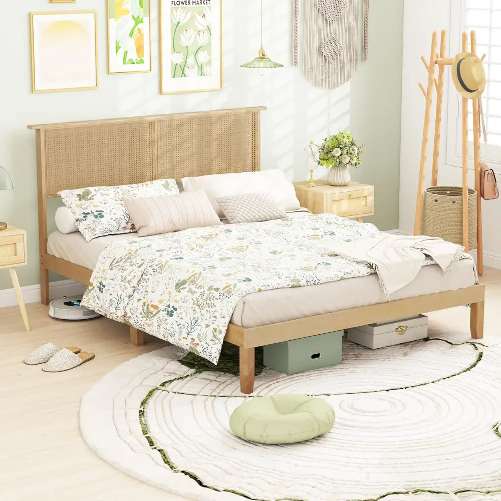 Twin/Full/Queen Size Bed Frame with Rattan Headboard-Queen Size - Natural - Simple Bed Frame