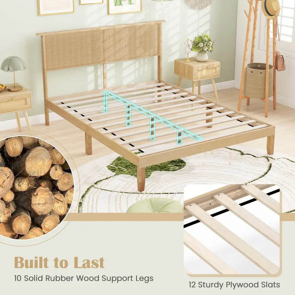 Twin/Full/Queen Size Bed Frame with Rattan Headboard-Queen Size - Natural - Simple Bed Frame