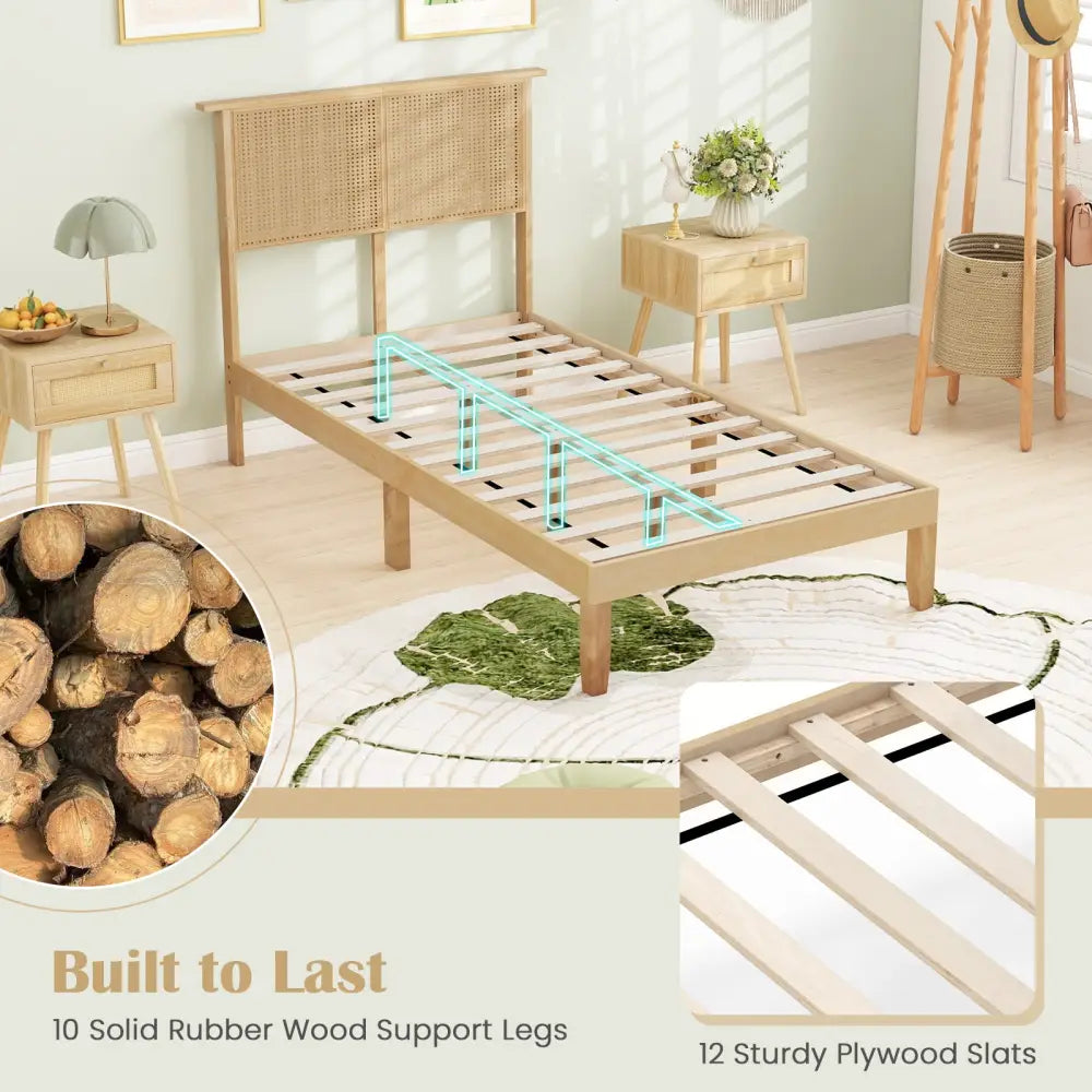 Twin/Full/Queen Size Bed Frame with Rattan Headboard-Twin Size - Natural - Simple Bed Frame