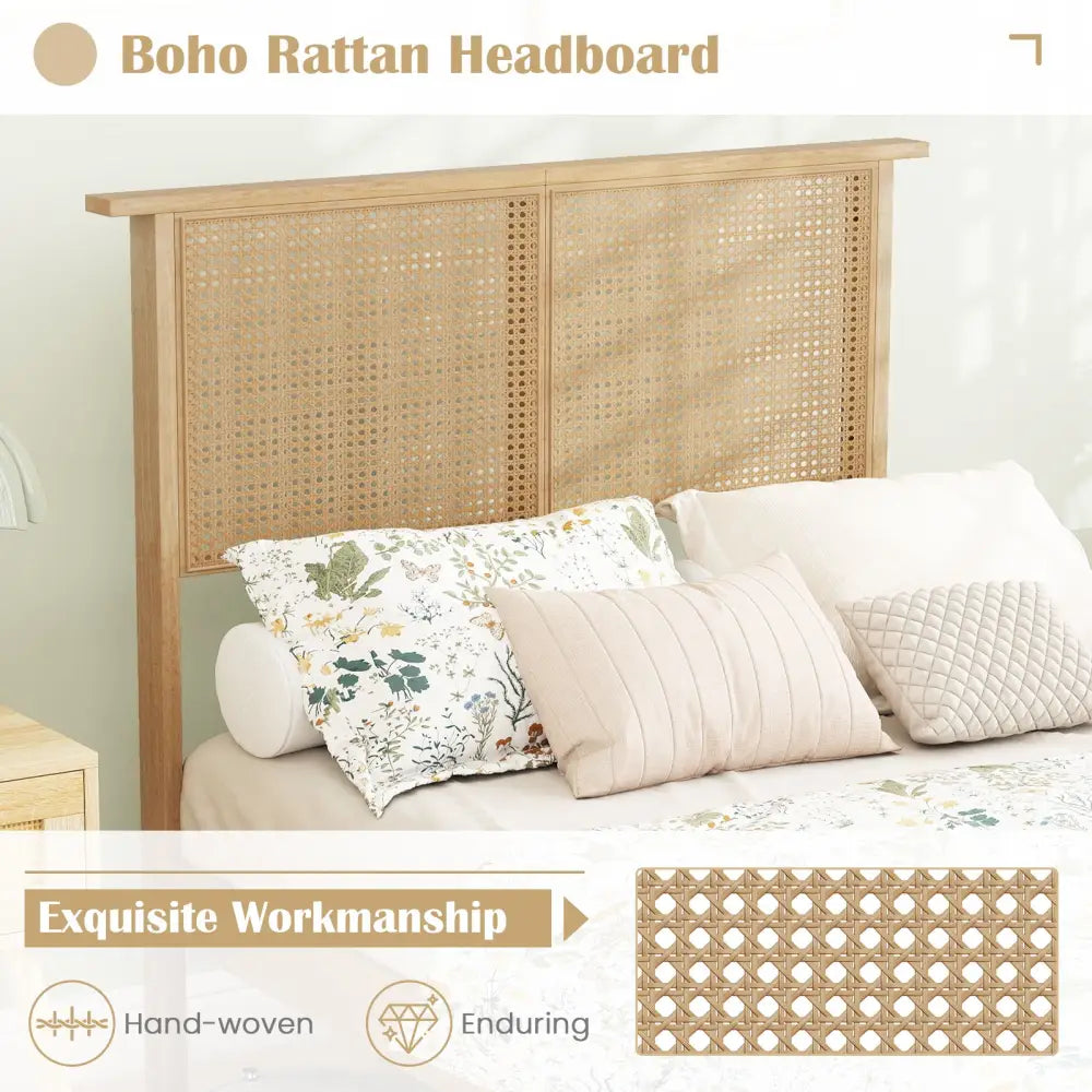 Twin/Full/Queen Size Bed Frame with Rattan Headboard-Twin Size - Natural - Simple Bed Frame