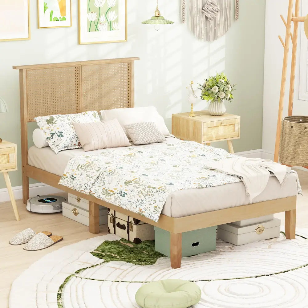 Twin/Full/Queen Size Bed Frame with Rattan Headboard-Twin Size - Natural - Simple Bed Frame