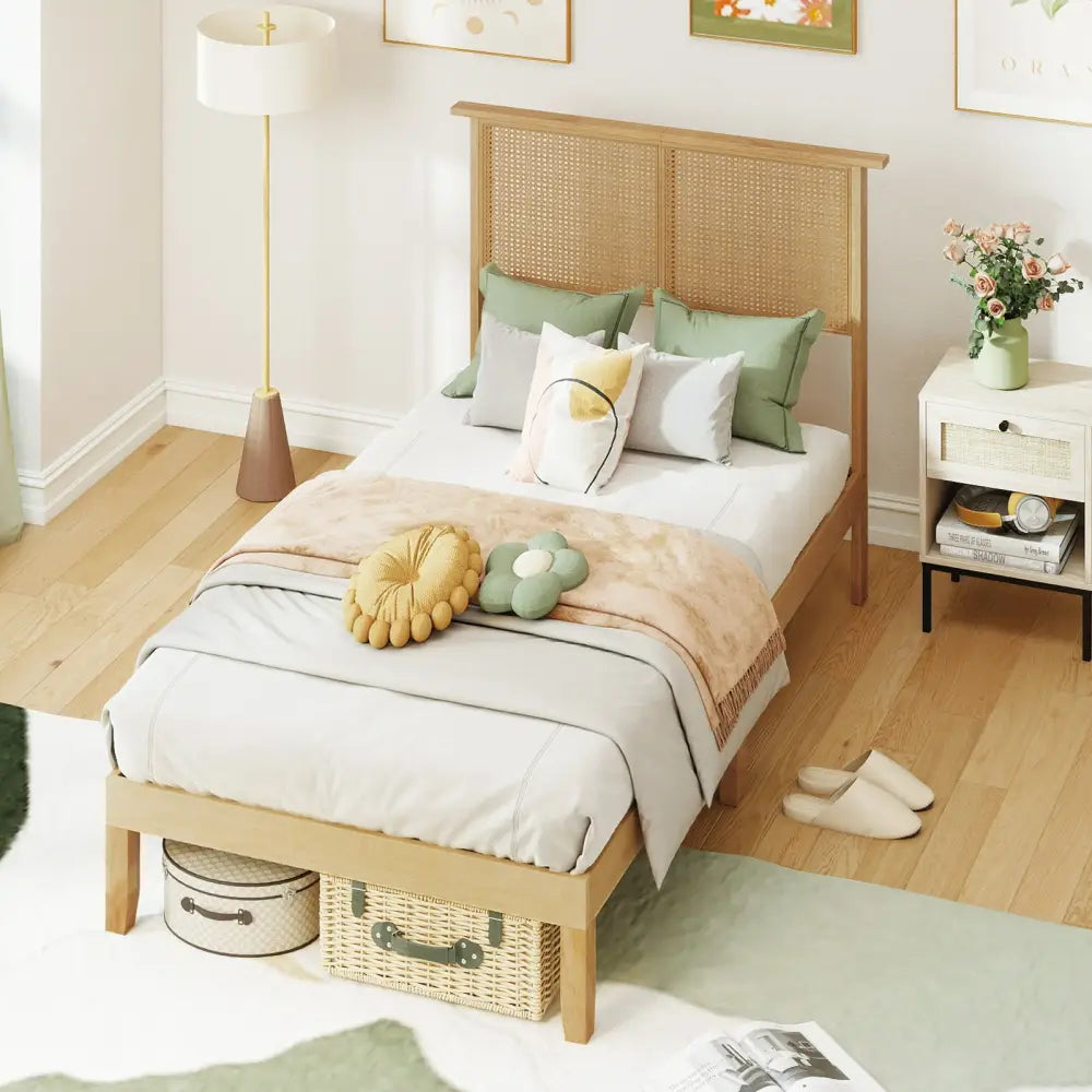 Twin/Full/Queen Size Bed Frame with Rattan Headboard-Twin Size - Natural - Simple Bed Frame